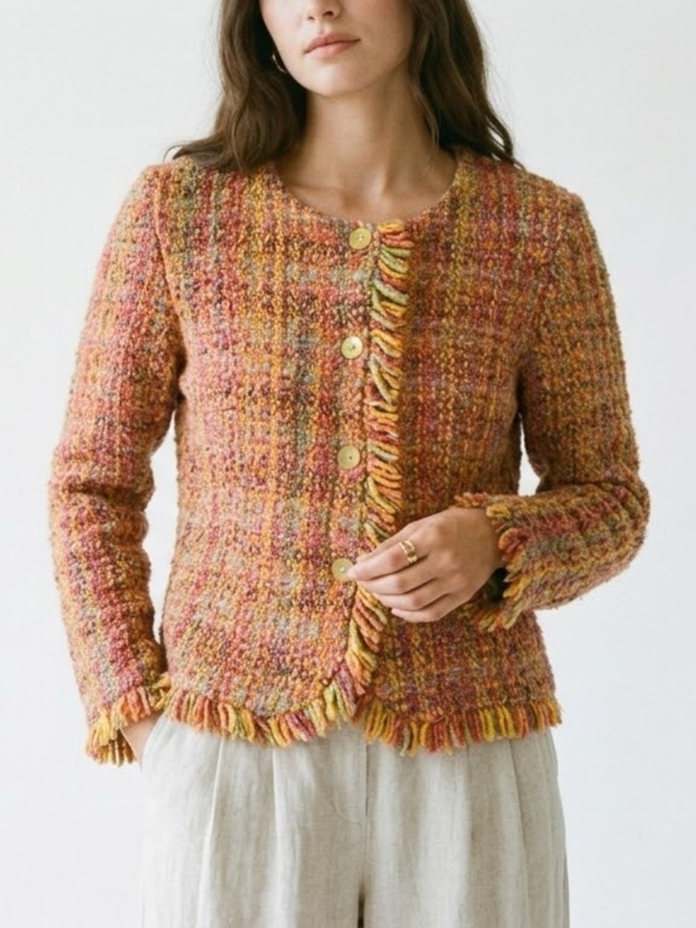 Las Americas Vintage Hand Knit Cardigan Sweater Size Medium Wool Cotton Fringe